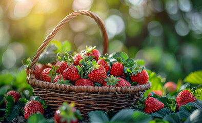 Wall Mural - A basket full of red strawberries on a green background. The basket is woven and the strawberries are ripe and ready to eat