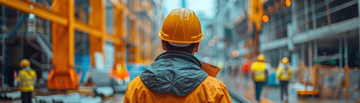 Construction worker in a helmet and jacket at a busy construction site with scaffolding and equipment on a cloudy day.