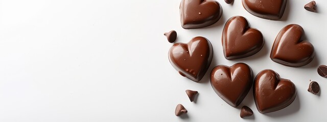 Wall Mural -  A collection of heart-shaped chocolates sits atop a pristine white table, accompanied by a mound of chocolate chips
