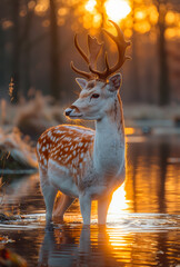 Wall Mural - A deer is standing in a body of water with its head held high. The image has a peaceful and serene mood, as the deer appears to be enjoying the calm waters