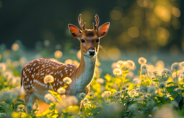 Wall Mural - A deer is standing in a field of flowers. The deer is looking at the camera. The field is full of flowers, and the sunlight is shining on them