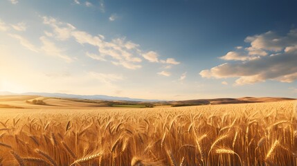 Wall Mural - Panoramic view of wheat field and blue sky with clouds.