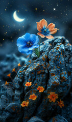 Wall Mural - A beautiful flower garden is shown on a rock. The flowers are blue and orange, and they are surrounded by a rocky landscape.