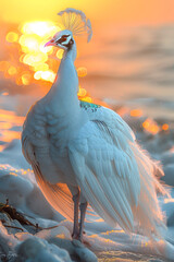 Wall Mural - A white bird with a large, colorful head stands on a beach. The bird is surrounded by water and the sun is setting in the background.