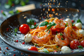 Sticker - A plate of pasta with shrimp and tomatoes