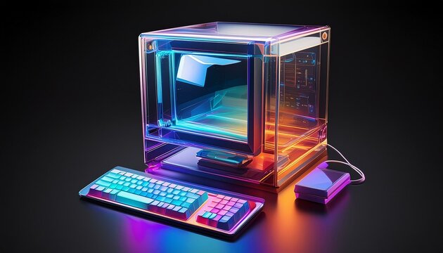 old desktop computer made of translucent glass, isolated on black background; 3d