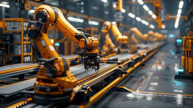 A bustling industrial robotics assembly plant with automated lines producing robotic components 