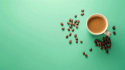 Sticker - Coffee cup and beans on green backdrop Top down perspective Empty space