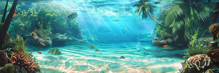 Wall Mural - A vibrant underwater paradise with clear turquoise waters, abundant fish, a colorful coral reef, and lush palm trees reaching down from the surface. Generative AI
