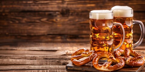 Two mugs of beer and a plate of pretzels. Generate AI image