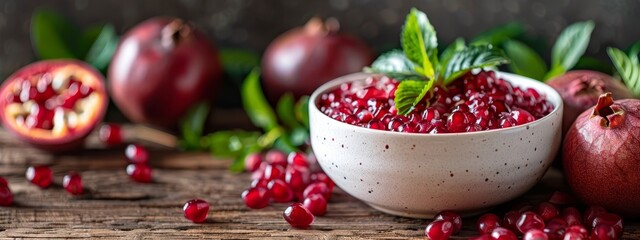  A bowl brimming with pomegranate arils, surrounded by a cluster of leaves A whole pomegranate nearby