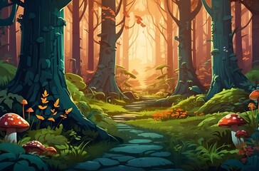 A dense forest filled with towering trees, magical creatures peeking from behind trunks, glowing mushroom vector art illustration image.
