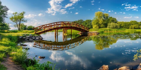 Wall Mural - A bridge spans a body of water, with trees in the background. Generate AI image