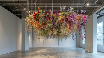 Fototapete - A large floral installation hangs from the ceiling of a modern gallery, featuring a variety of colorful blooms and greenery. The installation fills the space with a vibrant and whimsical atmosphere.