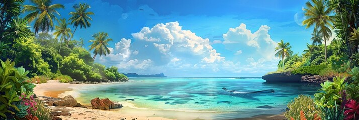 Fototapete - A picturesque tropical lagoon with palm trees, white sand, and bright turquoise water. Generative AI