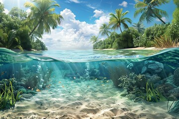 Leinwandbilder - A stunning tropical lagoon with crystal-clear water, white sand, and palm trees. Split image of both surface and vibrant underwater reef full of fish. Generative AI