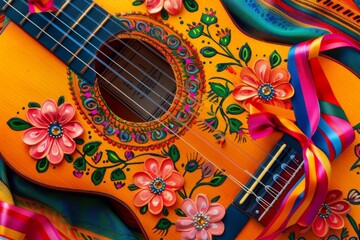 Experience the vibrant spirit of the carnival through this traditional Spanish guitar adorned with colorful ribbons and flowers.