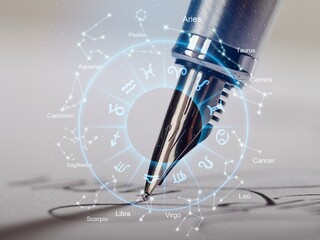 Wall Mural - pen and astrology book. wheel projection with zodiac sign.