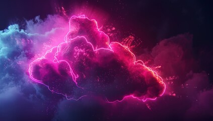 Poster - A cloud with a heart shape is lit up in neon pink. Generate AI image