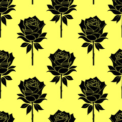 Wall Mural - seamless graphic floral pattern of black roses on a yellow background, texture, design