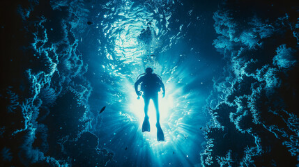 Wall Mural - A man is swimming in the ocean with a bright light shining on him