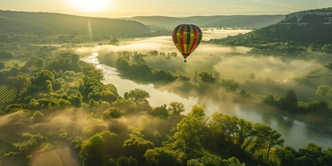 A hot air balloon is flying over a lush green field. Generate AI image