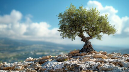 A single, robust olive tree thrives atop a rocky hill, set against a clear blue sky, symbolizing strength