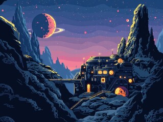 Wall Mural - Futuristic Alien Research Outpost Nestled in Asteroid Belt Under Starry Skies