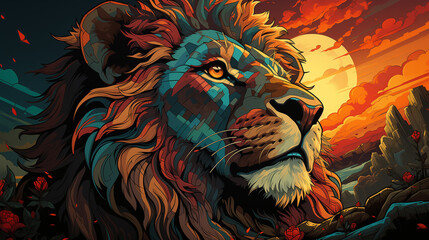 colorfully painted lion, representative of reggae music, with a landscape in the background, with a sun, generative AI