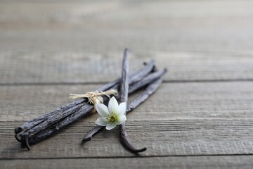 Wall Mural - Vanilla pods and flower on wooden table, closeup. Space for text