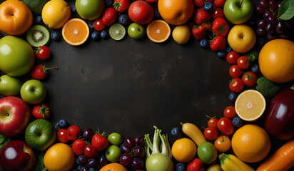 Fresh produce in a vibrant display, creating a border around a blank center for customizable content.