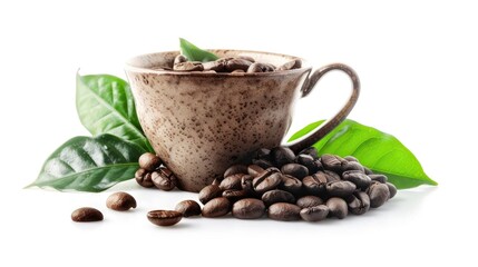 Poster - Coffee cup with beans and leaves isolated on white