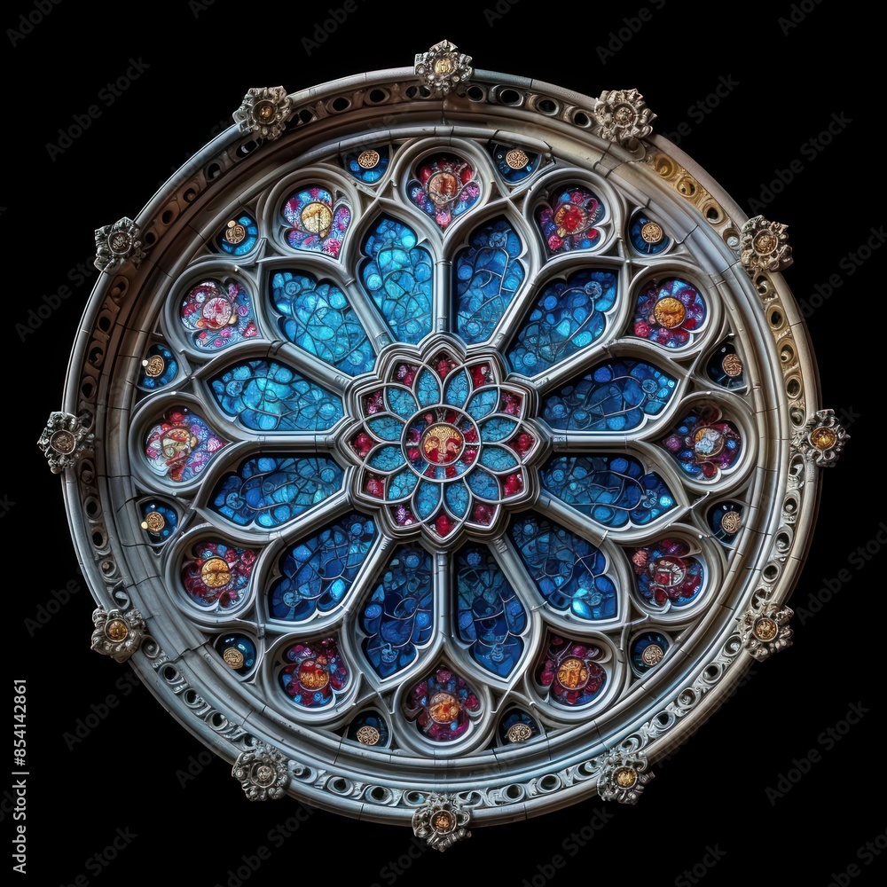 Gothic Window Pattern Circular Circular stained glass window, front view, colorful rose window of ...