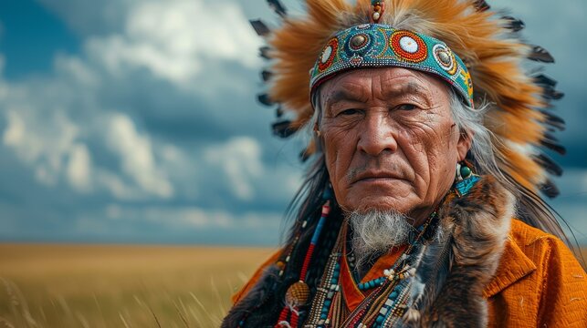a native elder showcasing a colorful headdress with a commanding presence in the outdoor landscape