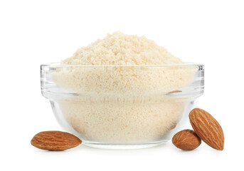 Sticker - Fresh almond flour in bowl and nuts isolated on white