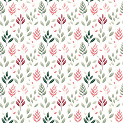 Wall Mural - Vintage scandinavian leaves, green and pink color palette, fabric texture, symmetrical pattern in white background