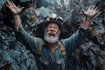 An elderly miner with a headlamp stretching out his arms in a display of happiness and freedom