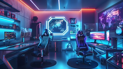 A futuristic games room with a high-end cyber gamer computer setup, including multiple monitors, RGB lighting, and sleek ergonomic furniture, all set in a modern, tech-savvy environment