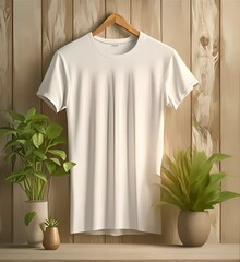 Wall Mural - presentation of a hanging mockup of a plain white t-shirt, with a wooden pattern background, 4k resolution footage, generated ai