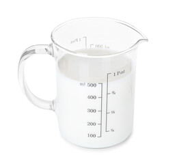Wall Mural - Fresh milk in measuring cup isolated on white