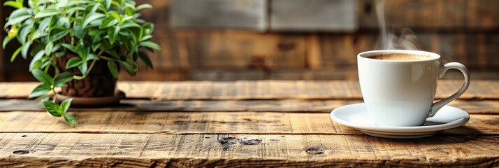 Steaming cup of coffee on a rustic wooden table in a cozy setting, highlighting the warmth, aroma, and inviting atmosphere of a relaxing cafe experience, Generative AI