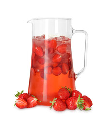 Wall Mural - Tasty strawberry lemonade in jug and berries isolated on white
