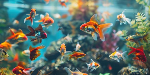 A colorful fish tank with many different colored fish swimming around. Generate AI image