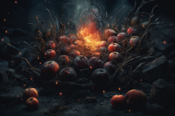 Wall Mural - A pumpkin with a face carved into it is surrounded by leaves and is lit on fire. The scene has a spooky and eerie mood, with the pumpkin being the main focus of the image