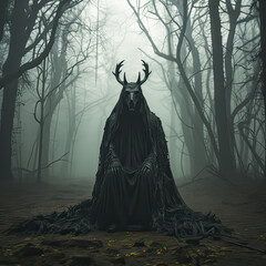 Wall Mural - A man dressed in black and a large antlers is sitting in a forest. Scene is dark and eerie, with the man's appearance and the setting of the forest creating a sense of foreboding