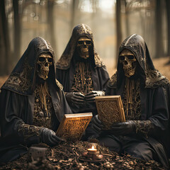 Three people dressed in black robes are sitting on the ground, each holding a book. The scene has a dark and mysterious mood