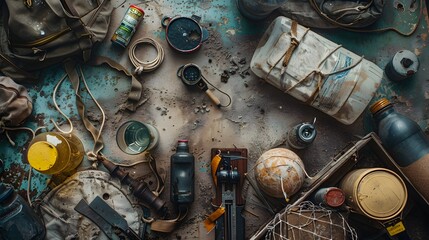Wall Mural - a high-definition image prompt focusing on essential survival items like tools for obtaining clean drinking water, food, shelter, light, and navigation