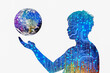 © STOCK PHOTO 4 U - Silhouette of Person Holding Digital Globe with Circuit Board Overlay Representing Technology and Global Connectivity