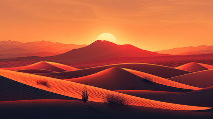 Wall Mural - A desert landscape with a sun setting in the background