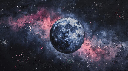 Wall Mural - A painting of a blue and pink moon in the sky